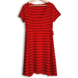TORRID \ Faux Wrap Knee Length Midi Dress Stretch Jersey Knit Stripe Red Blue M